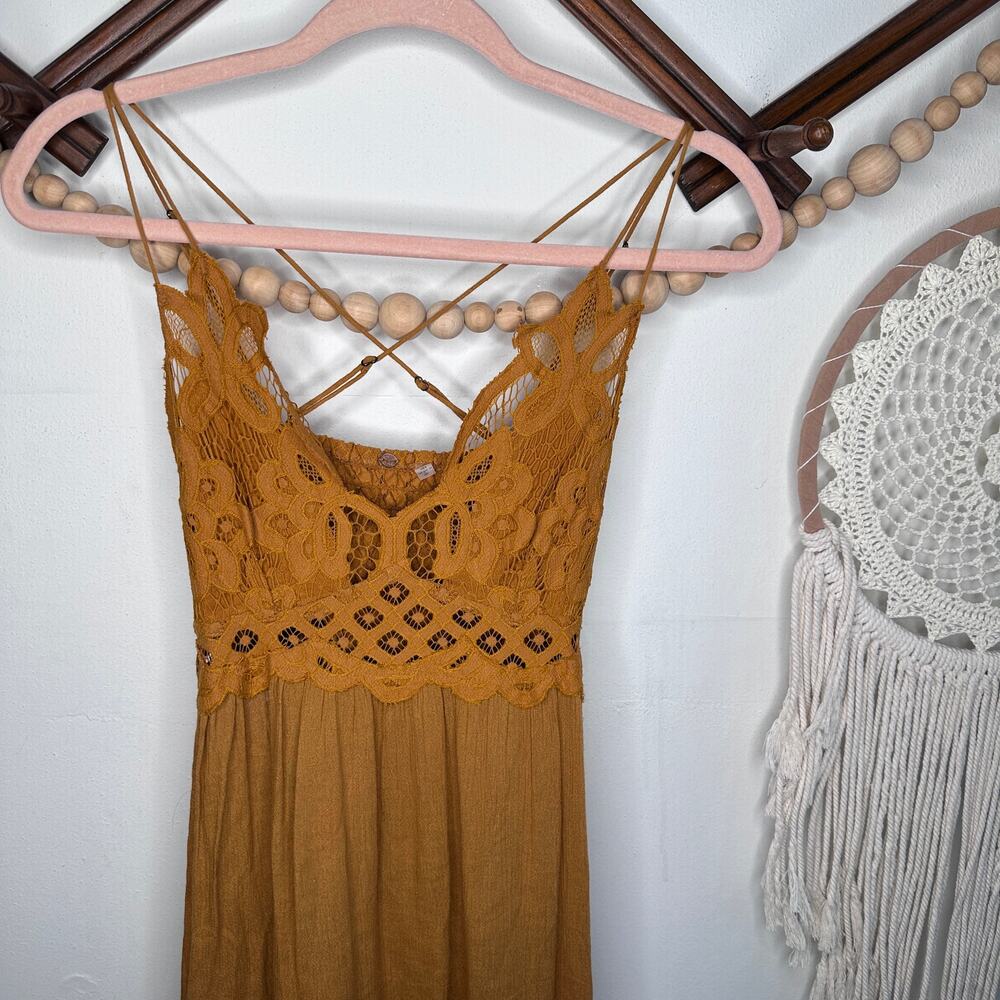 Free People Adella Golden Mustard Crochet Detail Mini Dress